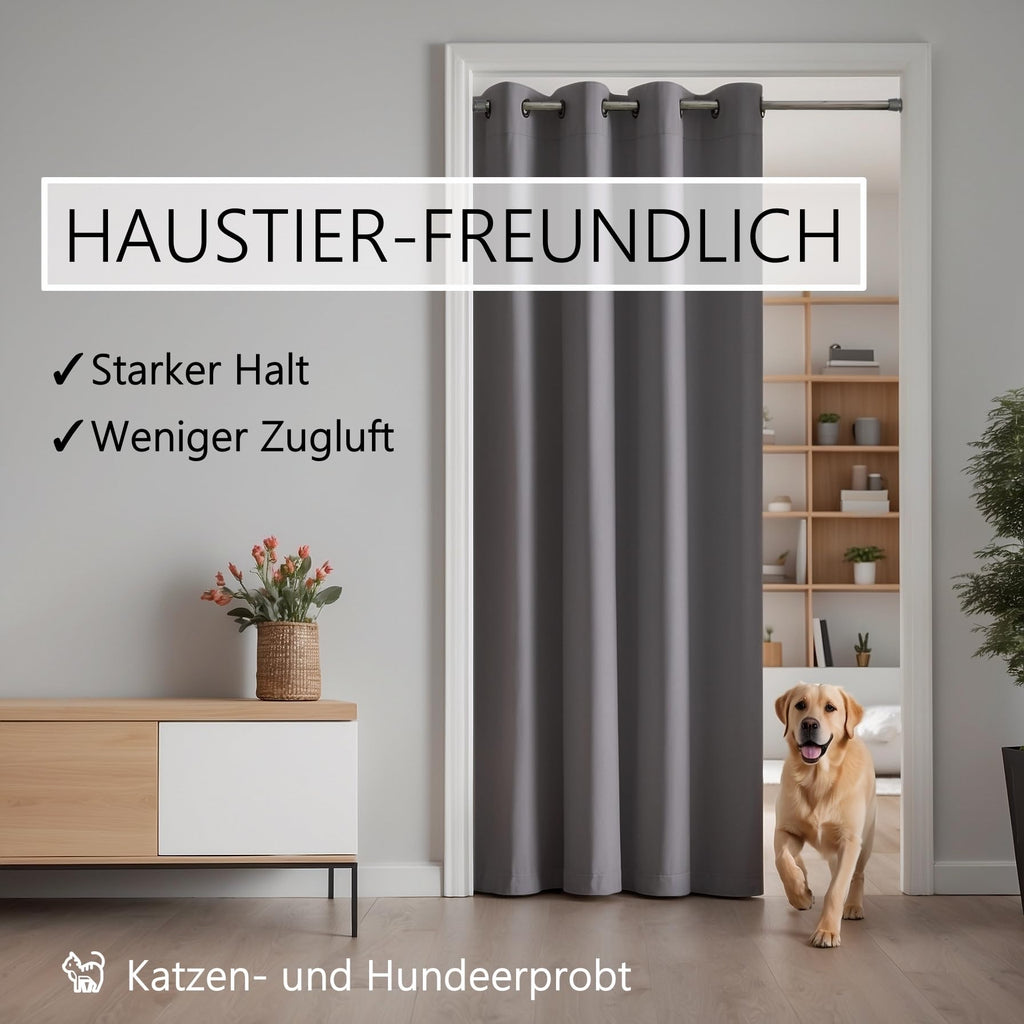 Thermo Türvorhang mit Vorhangstange & Magneten zum Abdichten, einfache Montage ohne Bohren in 1 Min (195 x 150 cm grau + Stange Silber 55-90 cm + 6 Magnete)