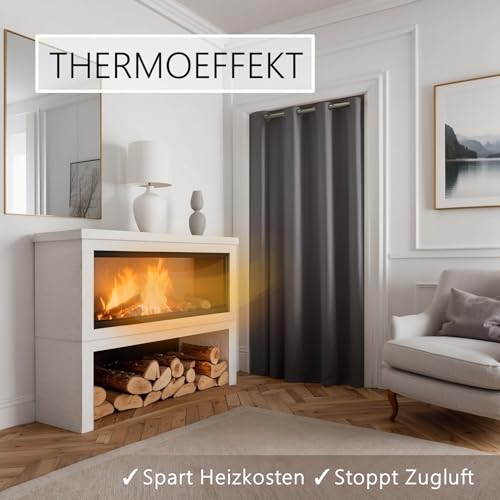 Thermo Türvorhang mit Vorhangstange & Magneten zum Abdichten, einfache Montage ohne Bohren in 1 Min (195 x 150 cm grau + Stange Silber 55-90 cm + 6 Magnete)