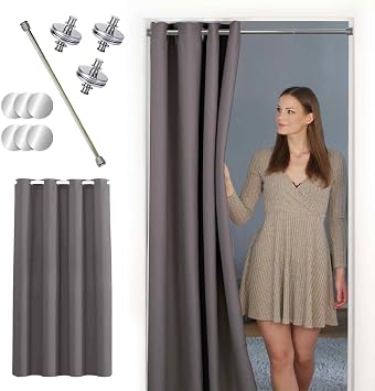 Thermo Türvorhang mit Vorhangstange & Magneten zum Abdichten, einfache Montage ohne Bohren in 1 Min (195 x 150 cm grau + Stange Silber 55-90 cm + 6 Magnete)