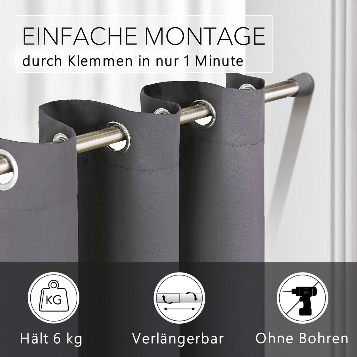 Thermo Türvorhang mit Vorhangstange & Magneten zum Abdichten, einfache Montage ohne Bohren in 1 Min (195 x 150 cm grau + Stange Silber 55-90 cm + 6 Magnete)