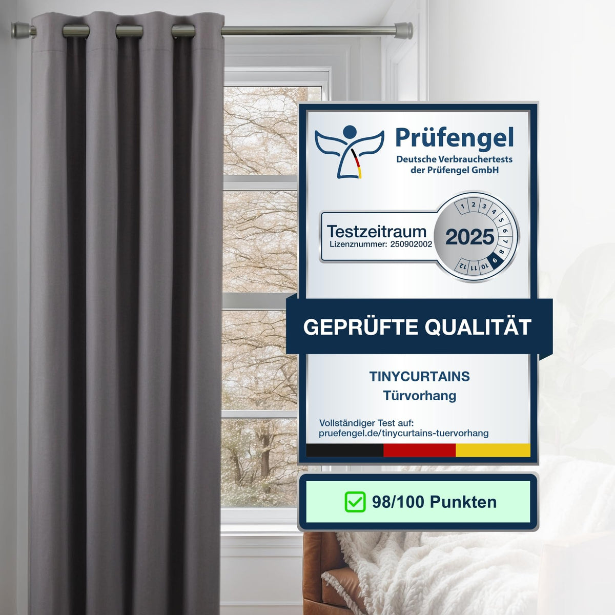 Thermo Türvorhang mit Vorhangstange & Magneten zum Abdichten, einfache Montage ohne Bohren in 1 Min (195 x 150 cm grau + Stange Silber 55-90 cm + 6 Magnete)