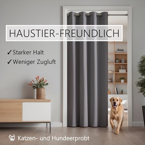 Thermo Türvorhang mit Vorhangstange & Magneten zum Abdichten, einfache Montage ohne Bohren in 1 Min (195 x 150 cm grau + Stange Silber 55-90 cm + 6 Magnete)