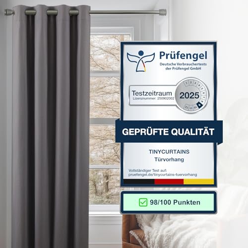 Thermo Türvorhang mit Vorhangstange & Magneten zum Abdichten, einfache Montage ohne Bohren in 1 Min (195 x 150 cm grau + Stange Silber 55-90 cm + 6 Magnete)