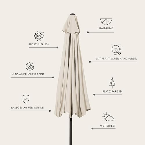 EASYmaxx Sonnenschirm halbrund | 270 x 140 x 235 cm | für Balkon und Terrasse | passgenau für Wände | mit praktischer Handkurbel und Sonnenschutz UV-Schutz 40+ | spendet Schatten