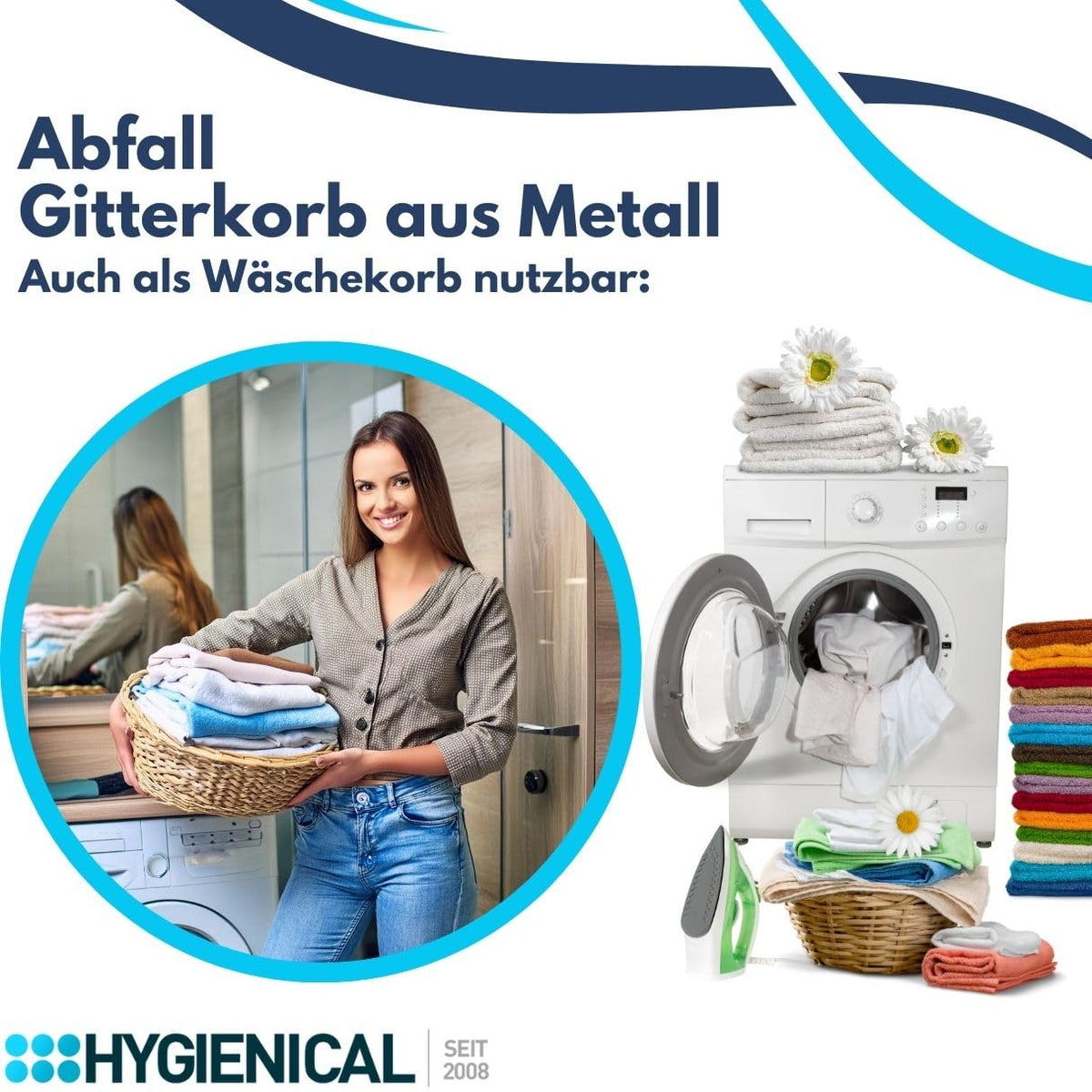 Gitterkorb Drahtgeflecht, Metallgitterkorb für Müllbeutel, Wäschekorb, Sammelkorb, Größe 41 x 63 x 25,5 cm (ca. 60l), Wäschesammler Metall