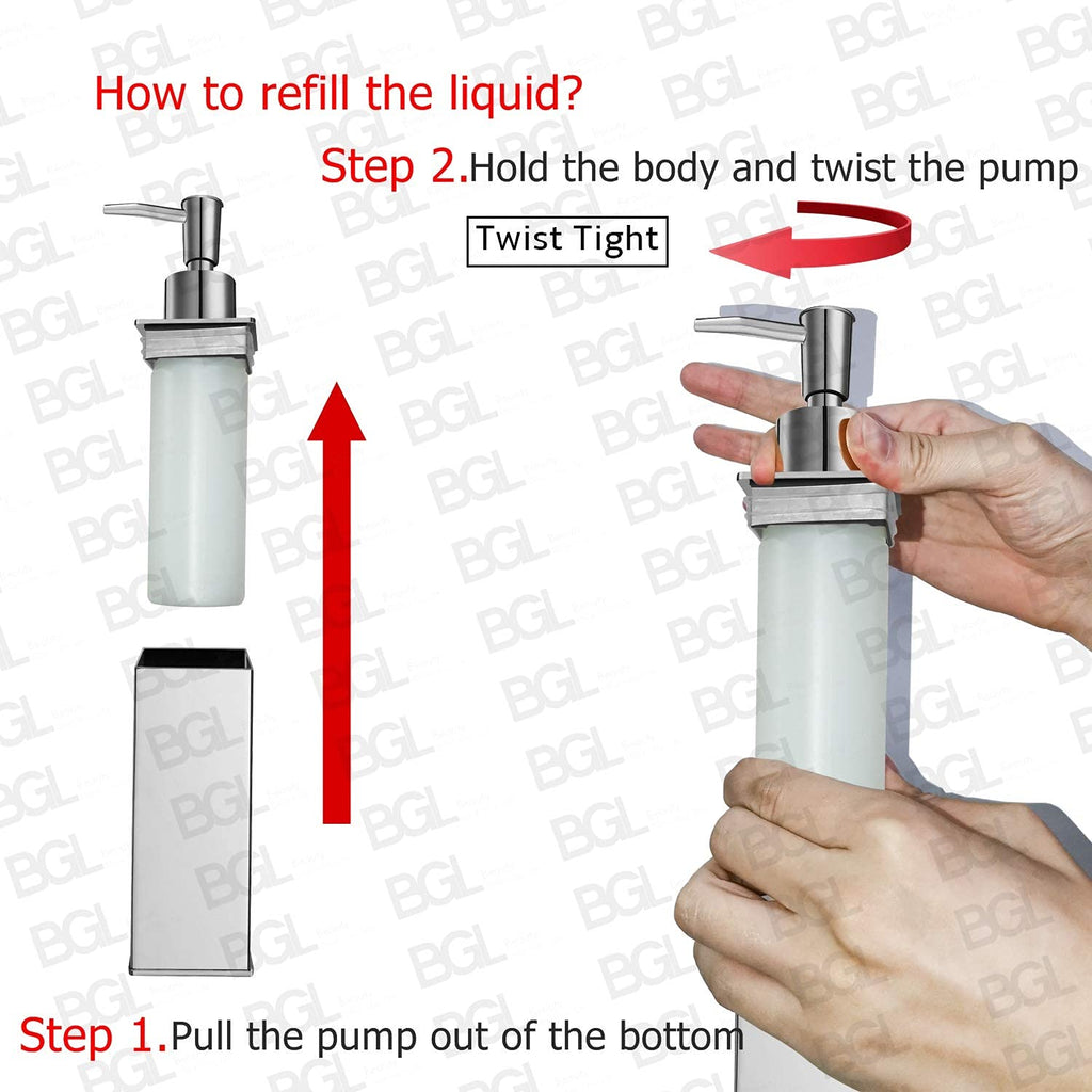 BGL Wandmontierter Seifenspender aus Edelstahl, 180 ml Flüssigseifenspender aus SUS304, ABS-Pumpkopf mit Ersatzpumpe, Chrom, für Bad und Küche