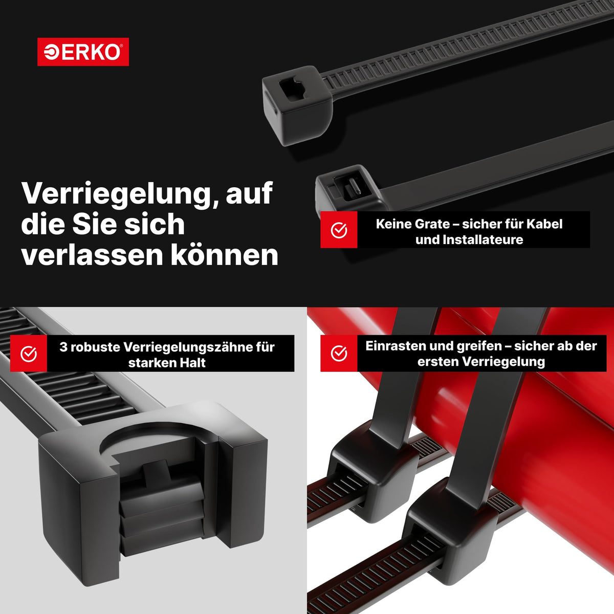 ERKO Kabelbinder 400x4,8mm Schwarz, 100 Stück, wetterfest und stabil