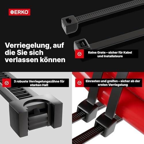 ERKO Kabelbinder 400x4,8mm Schwarz, 100 Stück, wetterfest und stabil