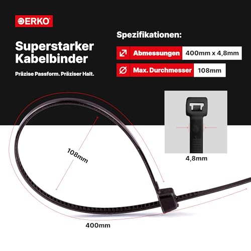 ERKO Kabelbinder 400x4,8mm Schwarz, 100 Stück, wetterfest und stabil
