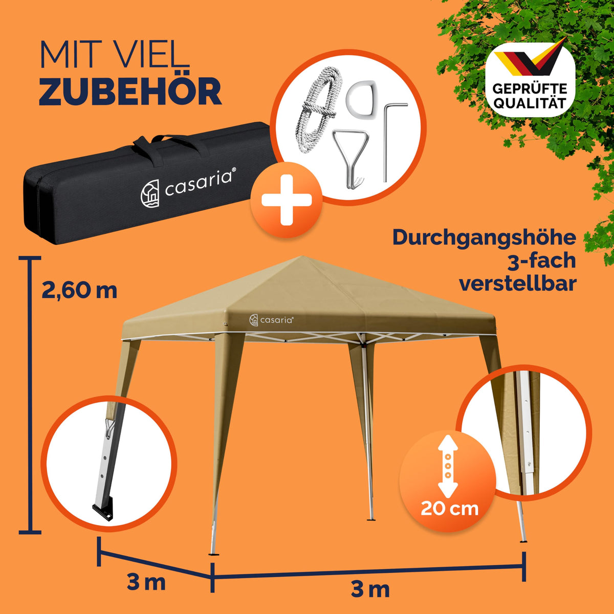 CASARIA Pavillon Capri 3x3m Pop-up Beige