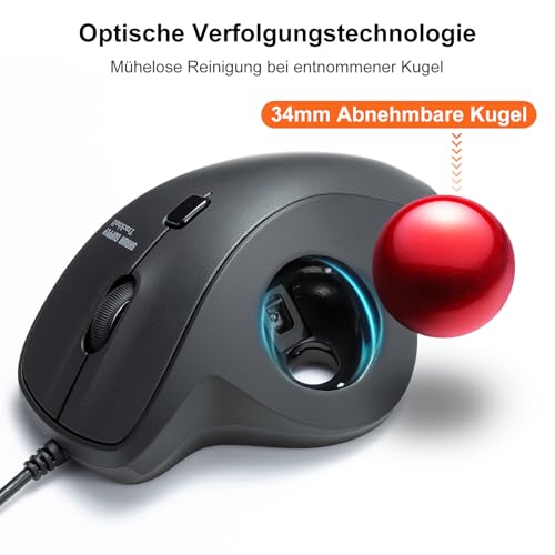 SANWA Trackball Maus mit Kabel, Leise Klik Mäuse, 600/800/1200/1600 DPI, USB-A & Type-C Anschluss, Vorbeugung Mausarm Tennisarm RSI, 34mm Ball Daumenkontrolle, Kompatibel mit Winows, Mac, PC, Schwarz