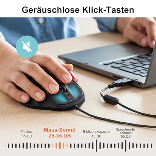 SANWA Trackball Maus mit Kabel, Leise Klik Mäuse, 600/800/1200/1600 DPI, USB-A & Type-C Anschluss, Vorbeugung Mausarm Tennisarm RSI, 34mm Ball Daumenkontrolle, Kompatibel mit Winows, Mac, PC, Schwarz