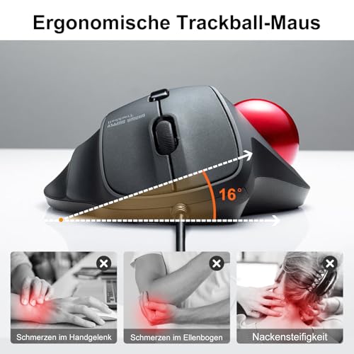 SANWA Trackball Maus mit Kabel, Leise Klik Mäuse, 600/800/1200/1600 DPI, USB-A & Type-C Anschluss, Vorbeugung Mausarm Tennisarm RSI, 34mm Ball Daumenkontrolle, Kompatibel mit Winows, Mac, PC, Schwarz