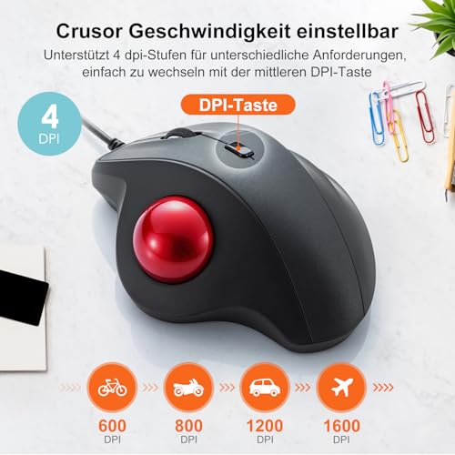 SANWA Trackball Maus mit Kabel, Leise Klik Mäuse, 600/800/1200/1600 DPI, USB-A & Type-C Anschluss, Vorbeugung Mausarm Tennisarm RSI, 34mm Ball Daumenkontrolle, Kompatibel mit Winows, Mac, PC, Schwarz