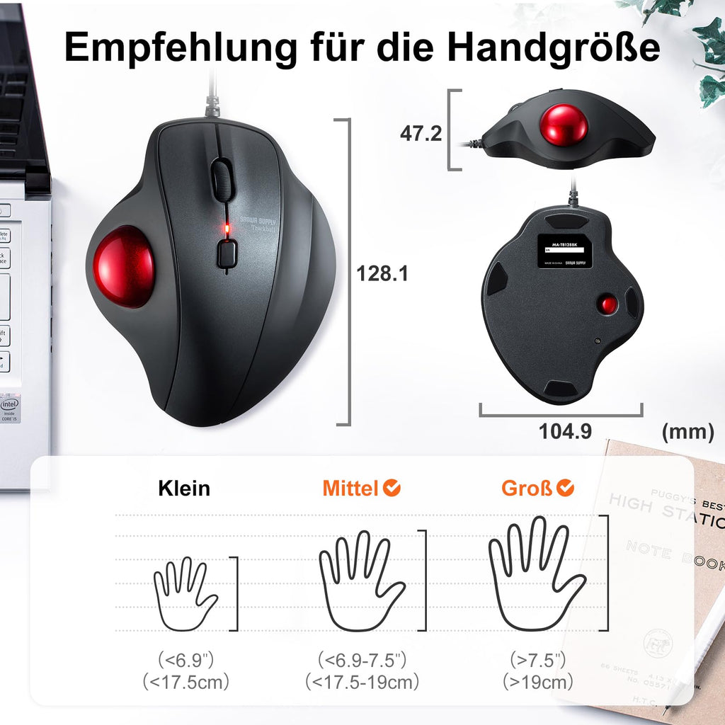 SANWA Trackball Maus mit Kabel, Leise Klik Mäuse, 600/800/1200/1600 DPI, USB-A & Type-C Anschluss, Vorbeugung Mausarm Tennisarm RSI, 34mm Ball Daumenkontrolle, Kompatibel mit Winows, Mac, PC, Schwarz