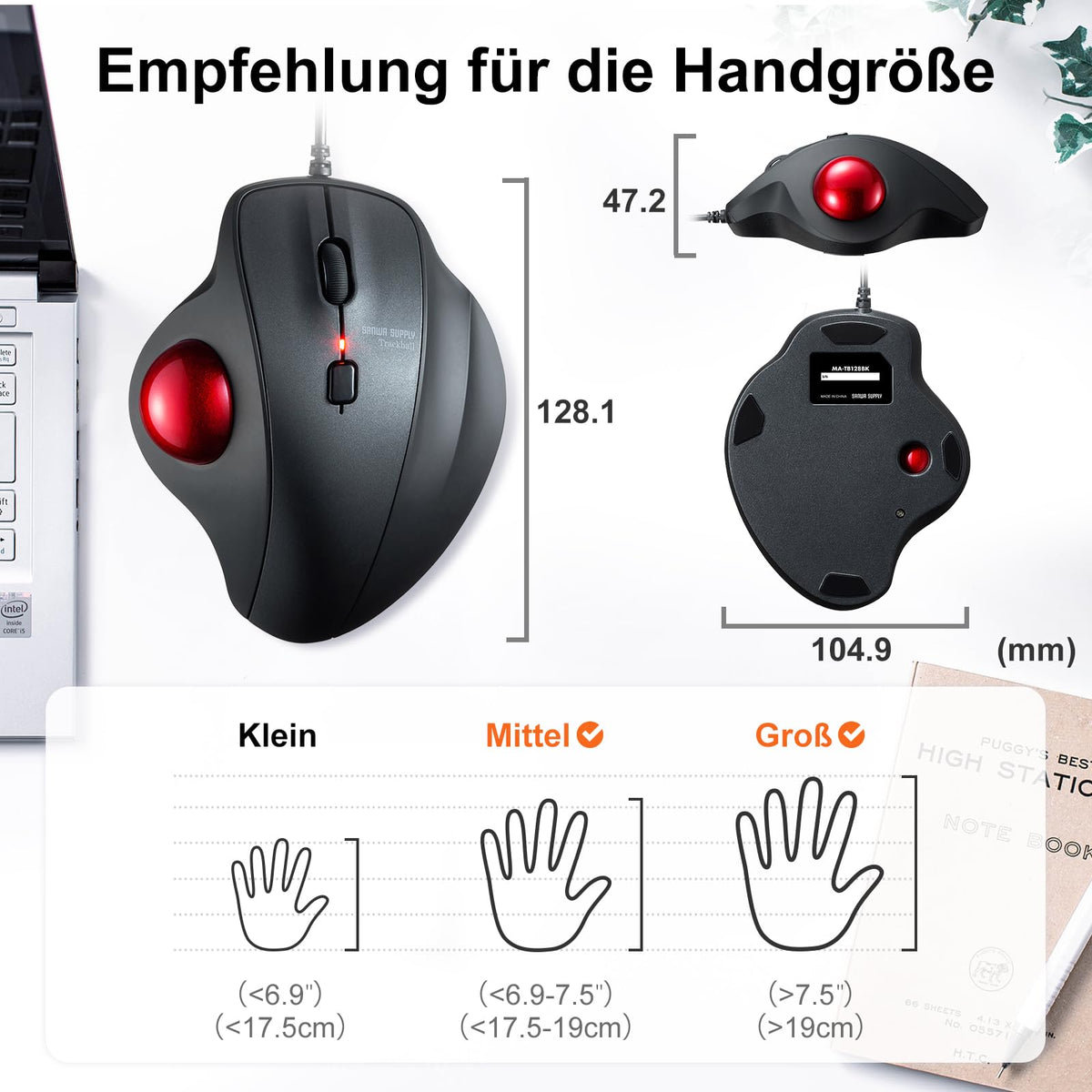 SANWA Trackball Maus mit Kabel, Leise Klik Mäuse, 600/800/1200/1600 DPI, USB-A & Type-C Anschluss, Vorbeugung Mausarm Tennisarm RSI, 34mm Ball Daumenkontrolle, Kompatibel mit Winows, Mac, PC, Schwarz