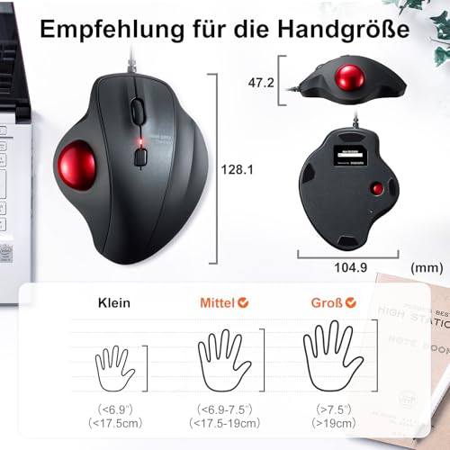 SANWA Trackball Maus mit Kabel, Leise Klik Mäuse, 600/800/1200/1600 DPI, USB-A & Type-C Anschluss, Vorbeugung Mausarm Tennisarm RSI, 34mm Ball Daumenkontrolle, Kompatibel mit Winows, Mac, PC, Schwarz