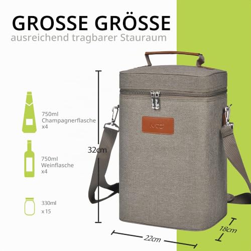 Kato Tirrinia Eisbeutel für 4 Flaschen, isolierter Weinbeutel, tragbarer Weinbeutel mit Riemen für Picknickparty, BYOB-Restaurant, Weinprobe, Grau, 21 x 18 x 31 CM
