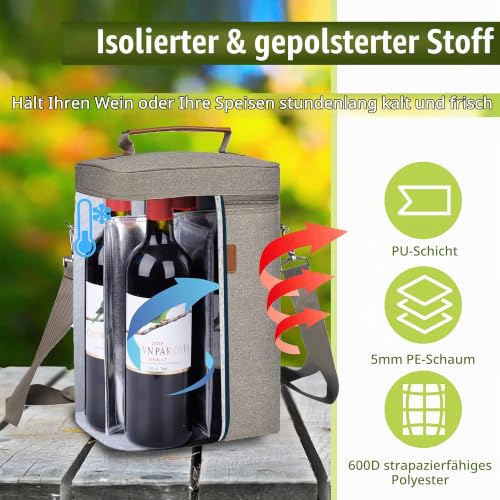 Kato Tirrinia Eisbeutel für 4 Flaschen, isolierter Weinbeutel, tragbarer Weinbeutel mit Riemen für Picknickparty, BYOB-Restaurant, Weinprobe, Grau, 21 x 18 x 31 CM