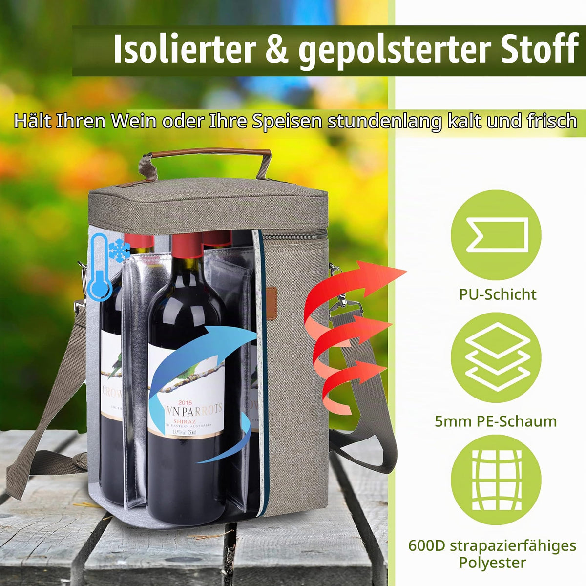 Kato Tirrinia Eisbeutel für 4 Flaschen, isolierter Weinbeutel, tragbarer Weinbeutel mit Riemen für Picknickparty, BYOB-Restaurant, Weinprobe, Grau, 21 x 18 x 31 CM