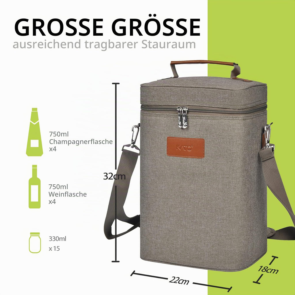 Kato Tirrinia Eisbeutel für 4 Flaschen, isolierter Weinbeutel, tragbarer Weinbeutel mit Riemen für Picknickparty, BYOB-Restaurant, Weinprobe, Grau, 21 x 18 x 31 CM
