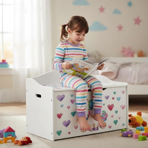 Leomark Kindertruhenbank aus Holz, Kinderbank mit Einhorn-Motiv