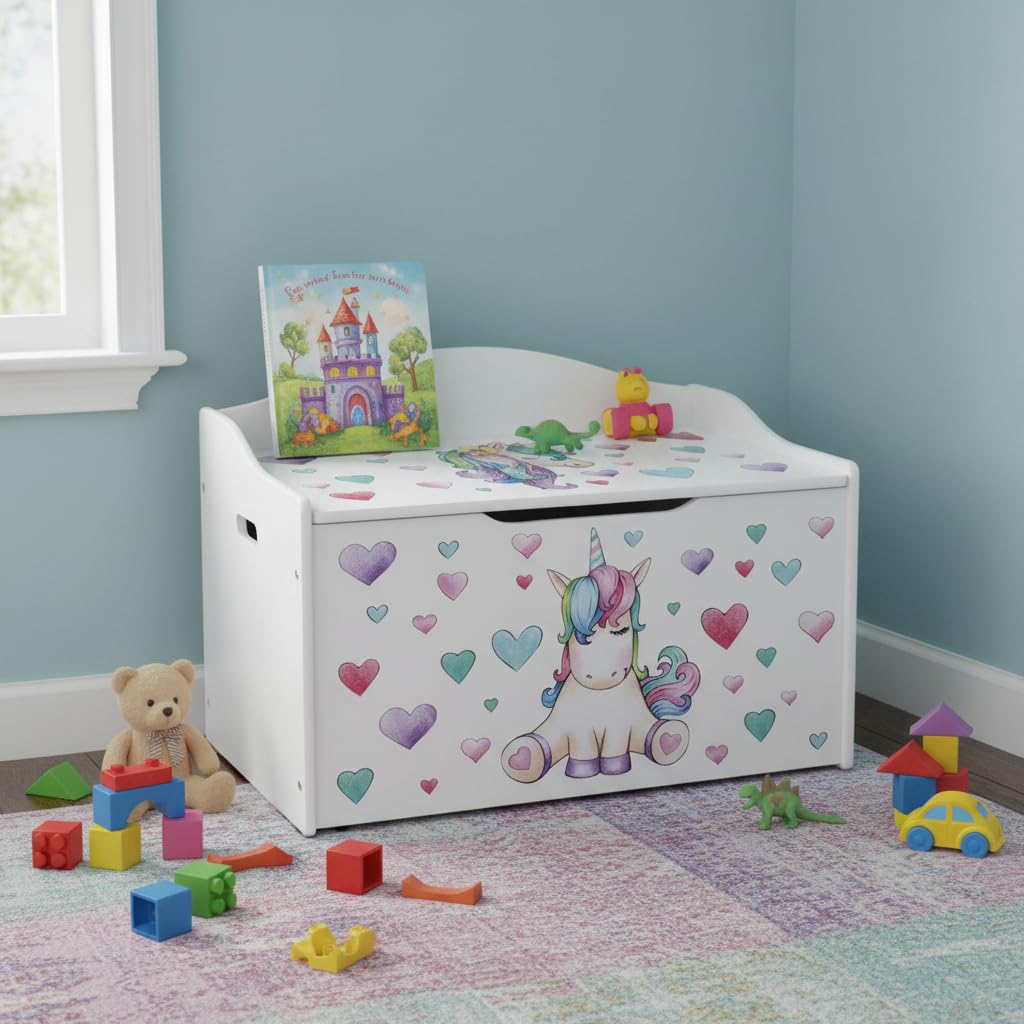 Leomark Kindertruhenbank aus Holz, Kinderbank mit Einhorn-Motiv