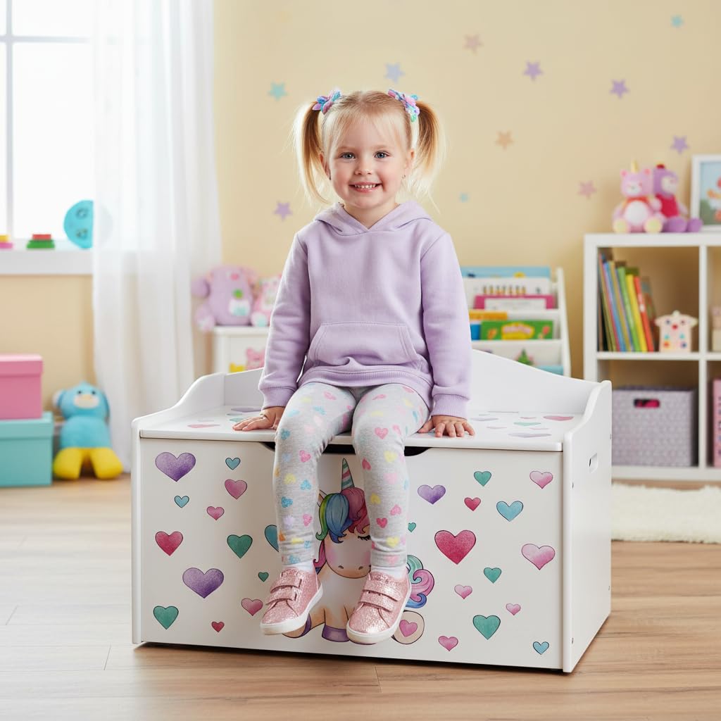 Leomark Kindertruhenbank aus Holz, Kinderbank mit Einhorn-Motiv