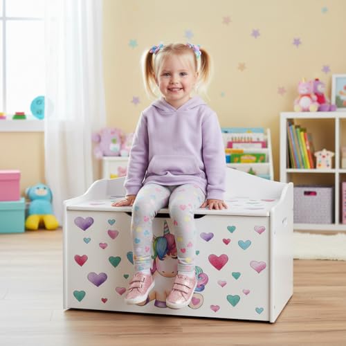 Leomark Kindertruhenbank aus Holz, Kinderbank mit Einhorn-Motiv