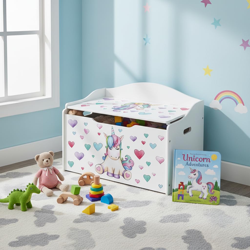 Leomark Kindertruhenbank aus Holz, Kinderbank mit Einhorn-Motiv