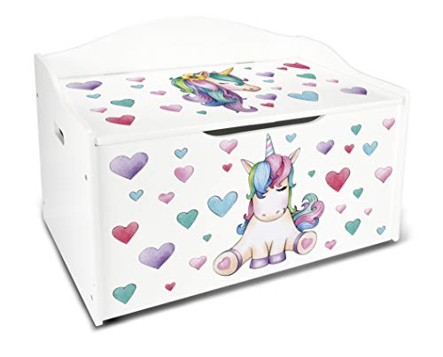 Leomark Kindertruhenbank aus Holz, Kinderbank mit Einhorn-Motiv