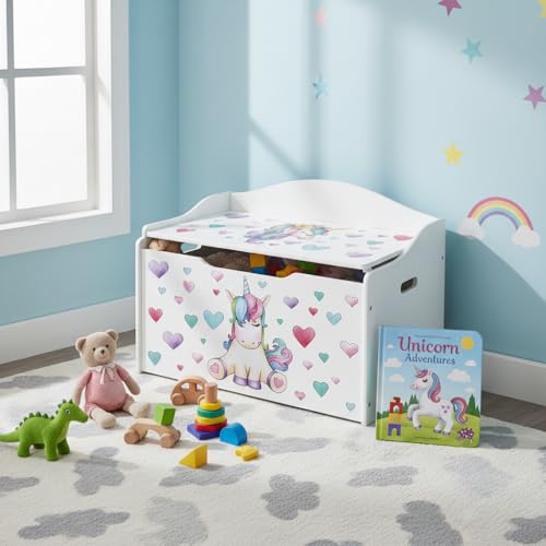 Leomark Kindertruhenbank aus Holz, Kinderbank mit Einhorn-Motiv