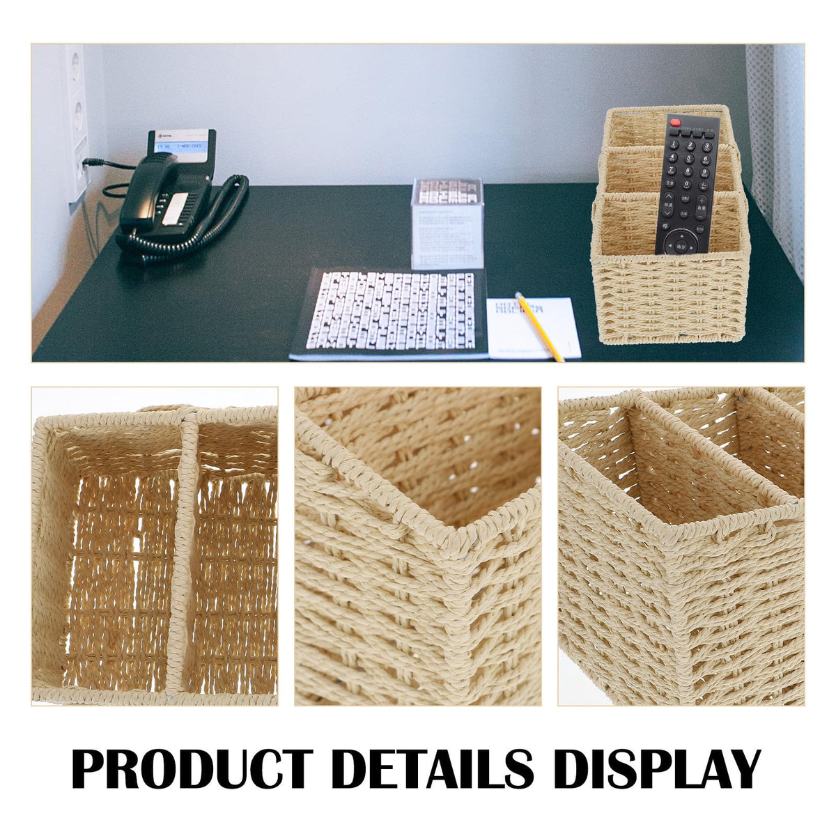 Ciieeo Aufbewahrungsbox mit 3 Fächern aus Papierseil Natürliche Optik Flacher Boden Organizer für Kleinteile und Zimmerdekoration für Schreibtisch und Schlafzimmer