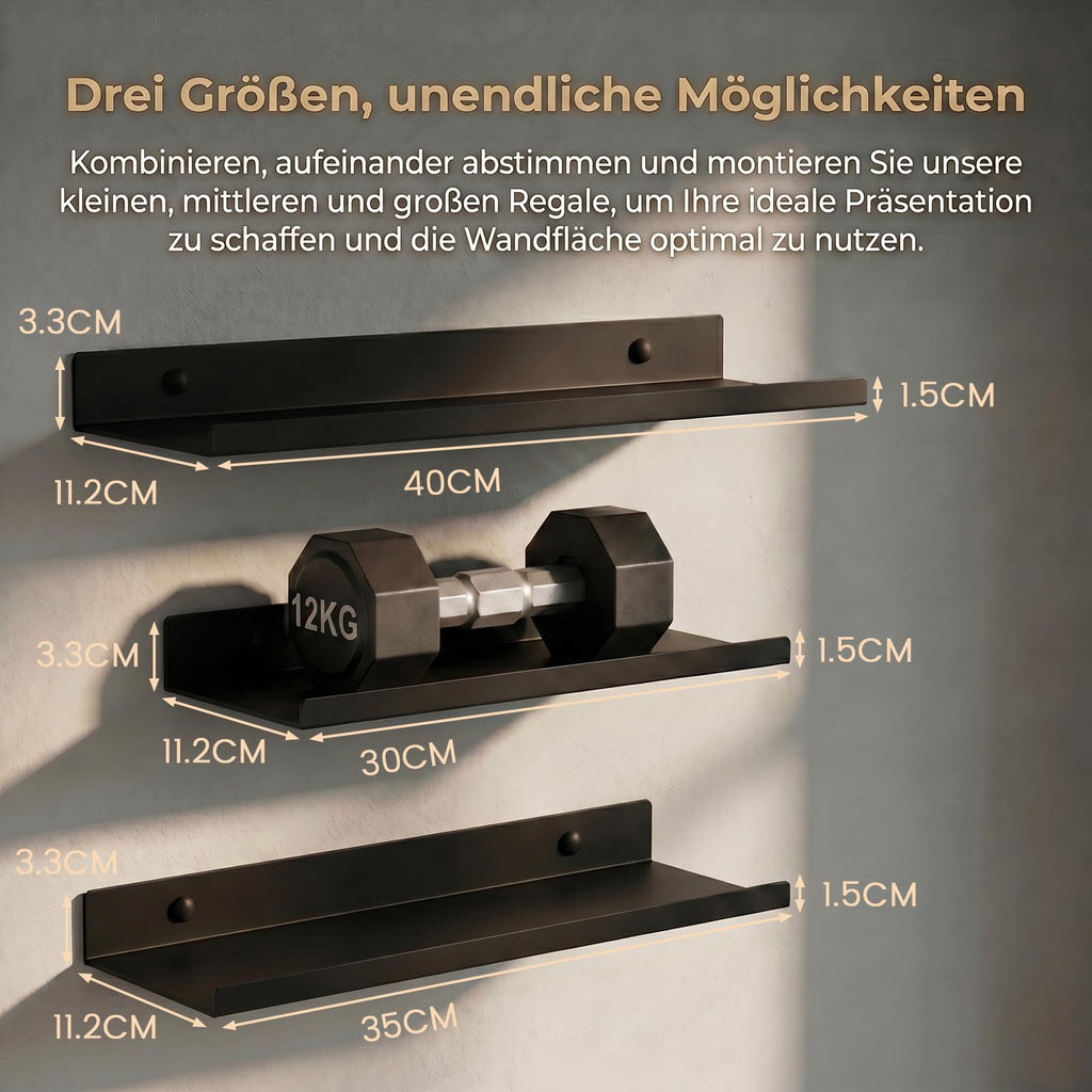Schwarze Schweberegale, 3er Set, Industrieller Stil Metall Wandregale, Verschiedene Größen Wandmontiertes Lagerregal für Schlafzimmer, Wohnzimmer, Badezimmer, Küche