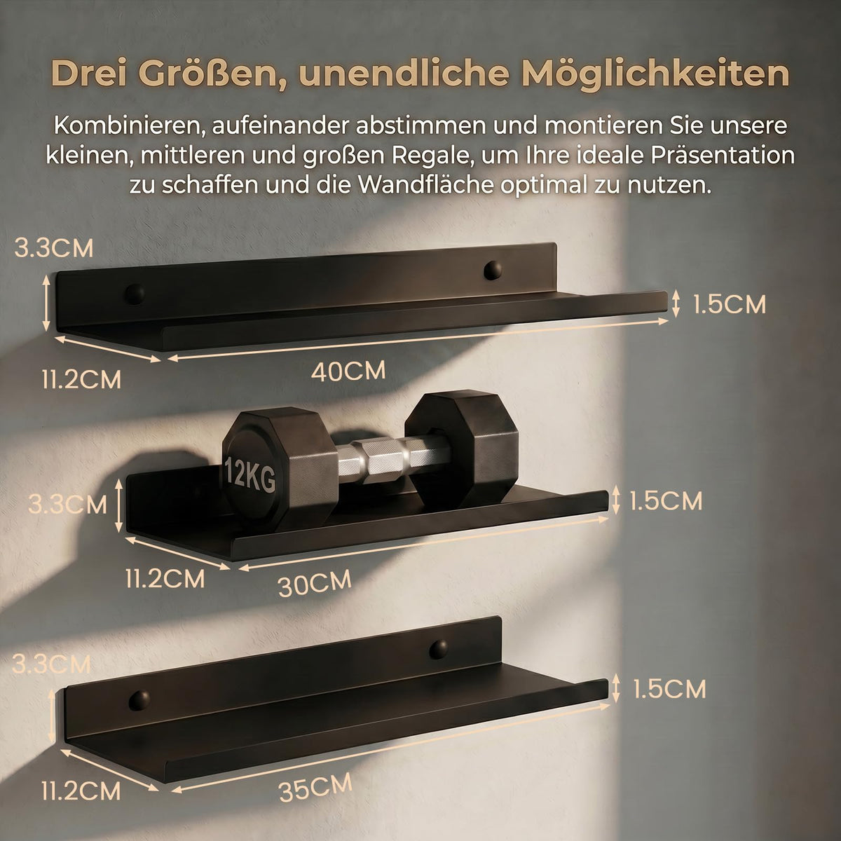 Schwarze Schweberegale, 3er Set, Industrieller Stil Metall Wandregale, Verschiedene Größen Wandmontiertes Lagerregal für Schlafzimmer, Wohnzimmer, Badezimmer, Küche