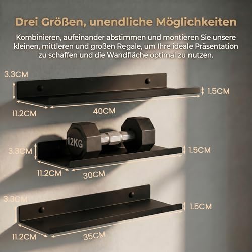 Schwarze Schweberegale, 3er Set, Industrieller Stil Metall Wandregale, Verschiedene Größen Wandmontiertes Lagerregal für Schlafzimmer, Wohnzimmer, Badezimmer, Küche