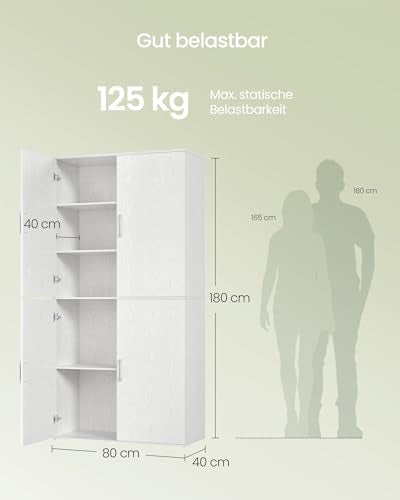 VASAGLE Mehrzweckschrank, mit 4 Türen, 5 Ablagen, 80 x 40 x 180 cm