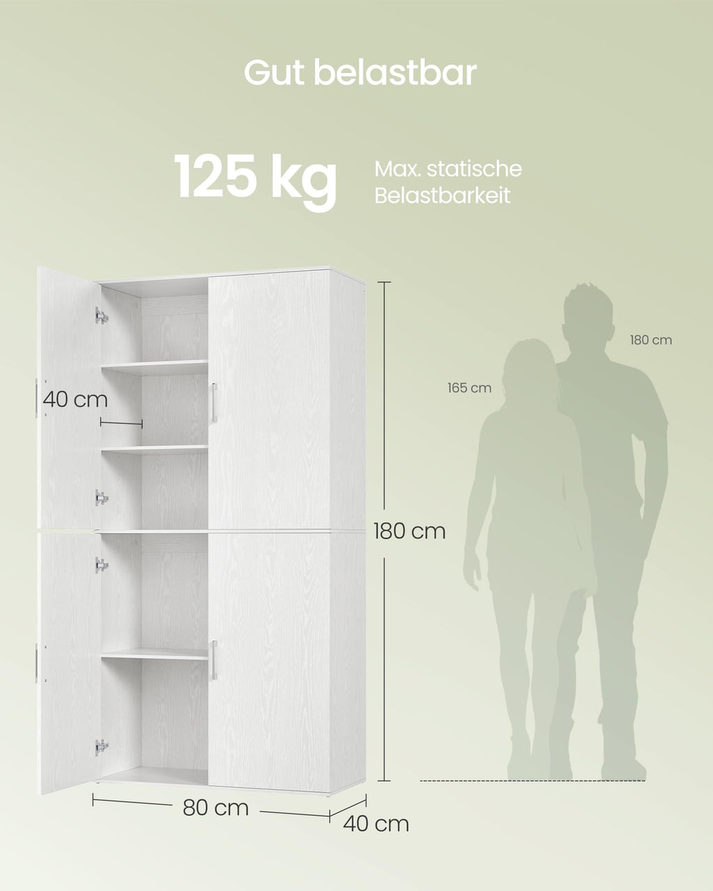 VASAGLE Mehrzweckschrank, mit 4 Türen, 5 Ablagen, 80 x 40 x 180 cm