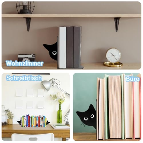 2er Set Buchstützen, Dekorative Buchstütze Katze Design, Stabile Bücherstützen für Bücherregal Deko, Elegante Schwarz Metall Buchstützen ﻿