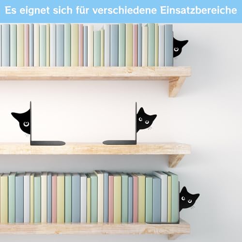2er Set Buchstützen, Dekorative Buchstütze Katze Design, Stabile Bücherstützen für Bücherregal Deko, Elegante Schwarz Metall Buchstützen ﻿