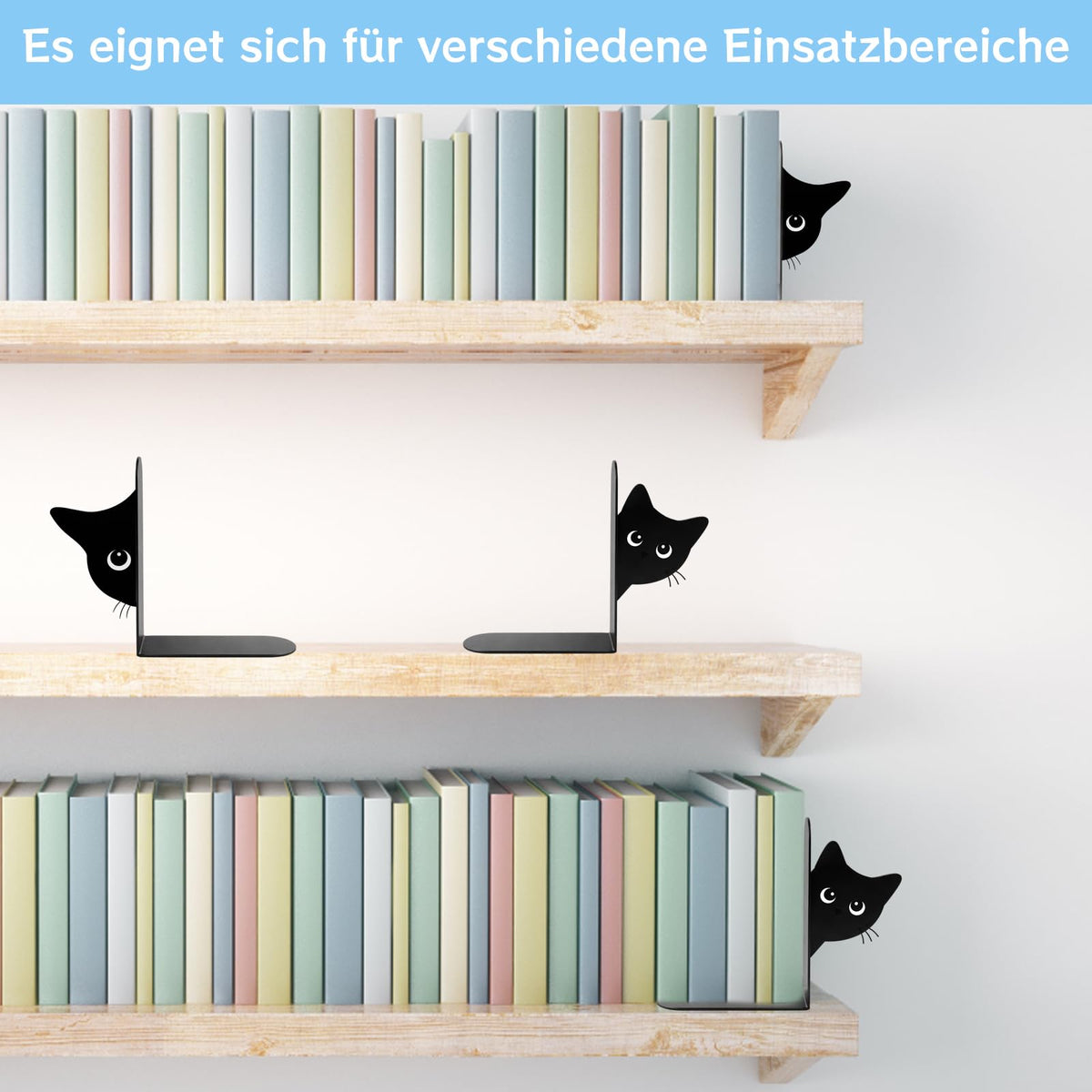 2er Set Buchstützen, Dekorative Buchstütze Katze Design, Stabile Bücherstützen für Bücherregal Deko, Elegante Schwarz Metall Buchstützen ﻿