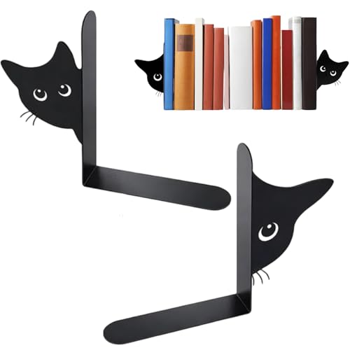 2er Set Buchstützen, Dekorative Buchstütze Katze Design, Stabile Bücherstützen für Bücherregal Deko, Elegante Schwarz Metall Buchstützen ﻿