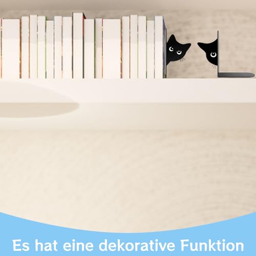2er Set Buchstützen, Dekorative Buchstütze Katze Design, Stabile Bücherstützen für Bücherregal Deko, Elegante Schwarz Metall Buchstützen ﻿