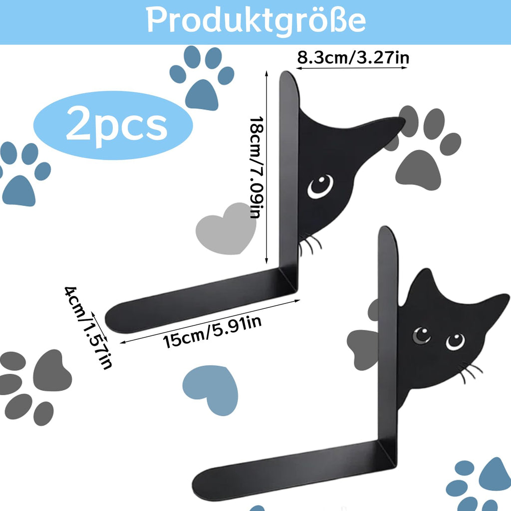 2er Set Buchstützen, Dekorative Buchstütze Katze Design, Stabile Bücherstützen für Bücherregal Deko, Elegante Schwarz Metall Buchstützen ﻿