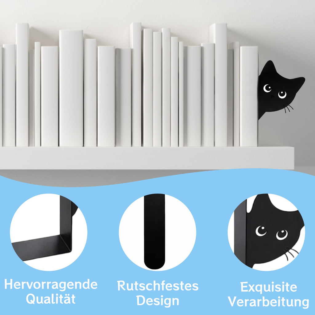 2er Set Buchstützen, Dekorative Buchstütze Katze Design, Stabile Bücherstützen für Bücherregal Deko, Elegante Schwarz Metall Buchstützen ﻿