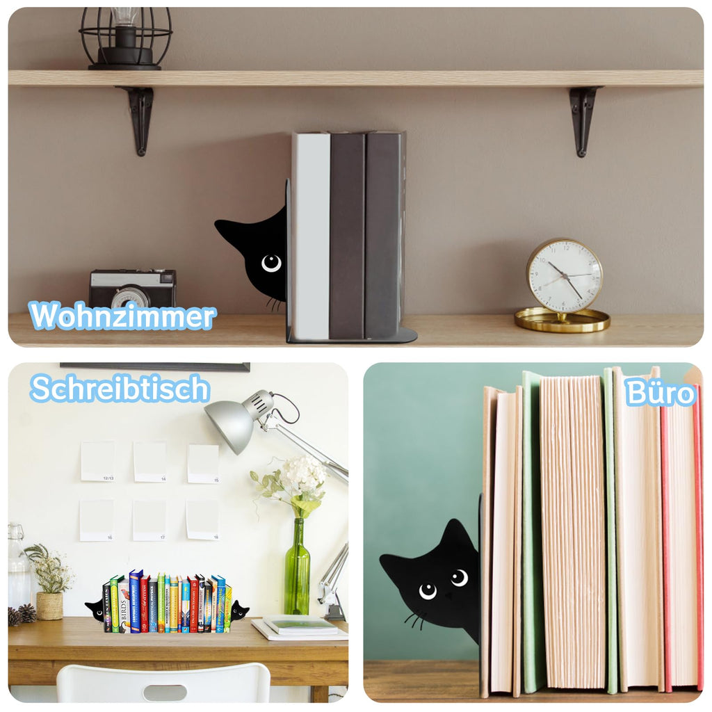 2er Set Buchstützen, Dekorative Buchstütze Katze Design, Stabile Bücherstützen für Bücherregal Deko, Elegante Schwarz Metall Buchstützen ﻿