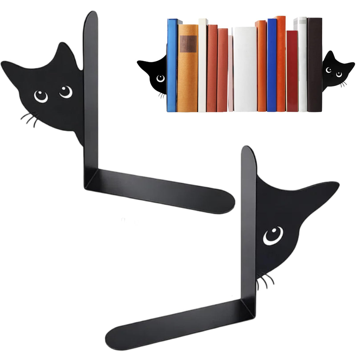 2er Set Buchstützen, Dekorative Buchstütze Katze Design, Stabile Bücherstützen für Bücherregal Deko, Elegante Schwarz Metall Buchstützen ﻿