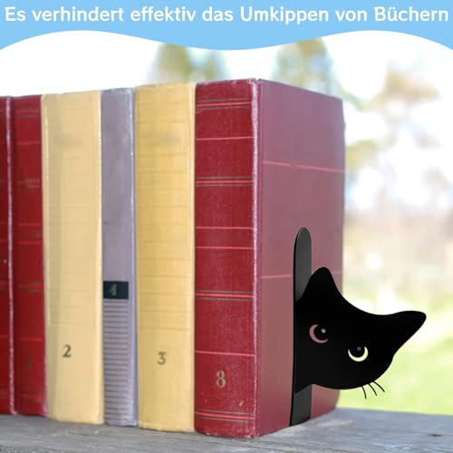2er Set Buchstützen, Dekorative Buchstütze Katze Design, Stabile Bücherstützen für Bücherregal Deko, Elegante Schwarz Metall Buchstützen ﻿