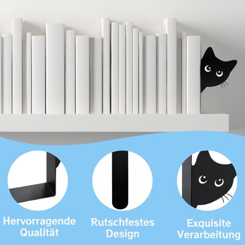 2er Set Buchstützen, Dekorative Buchstütze Katze Design, Stabile Bücherstützen für Bücherregal Deko, Elegante Schwarz Metall Buchstützen ﻿