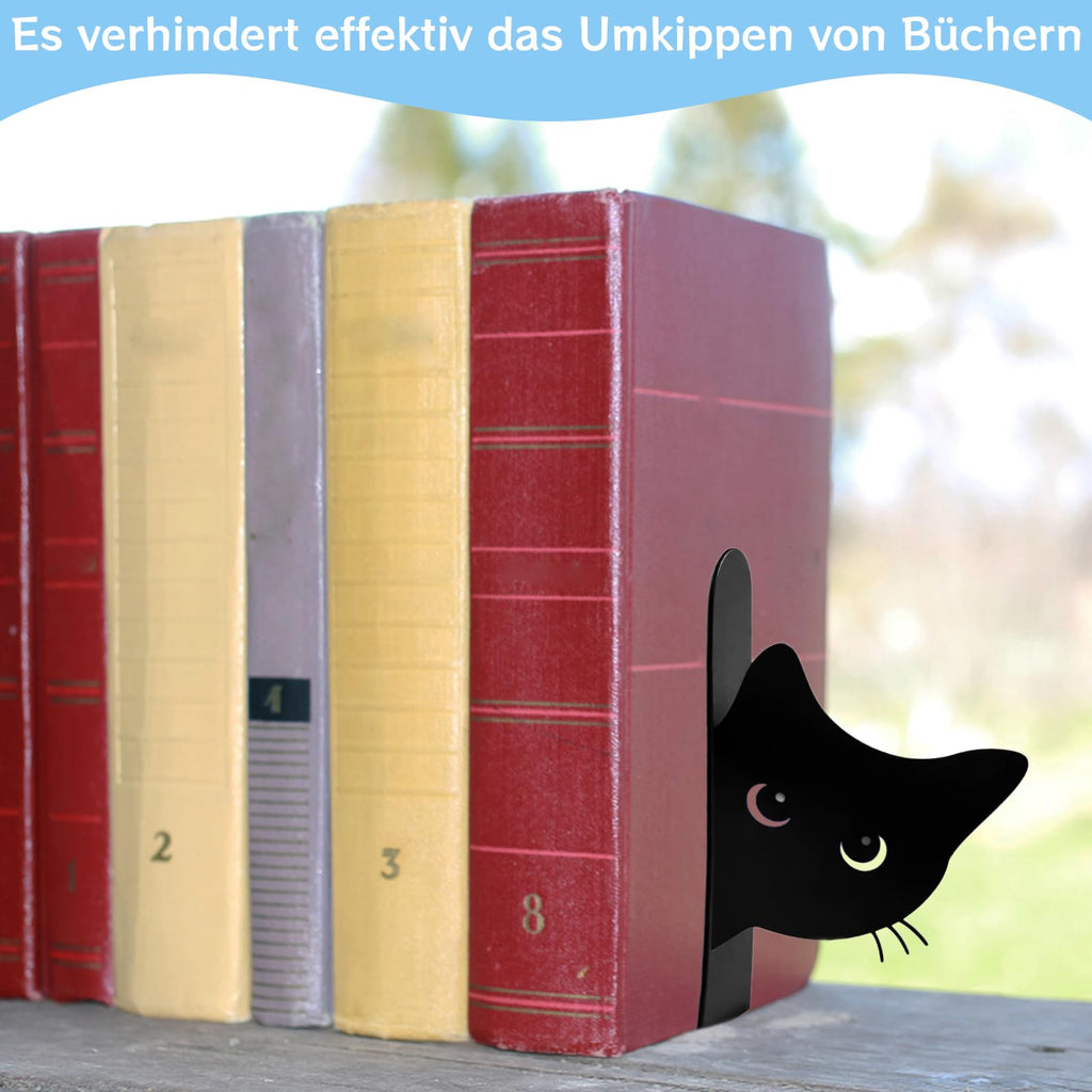 2er Set Buchstützen, Dekorative Buchstütze Katze Design, Stabile Bücherstützen für Bücherregal Deko, Elegante Schwarz Metall Buchstützen ﻿